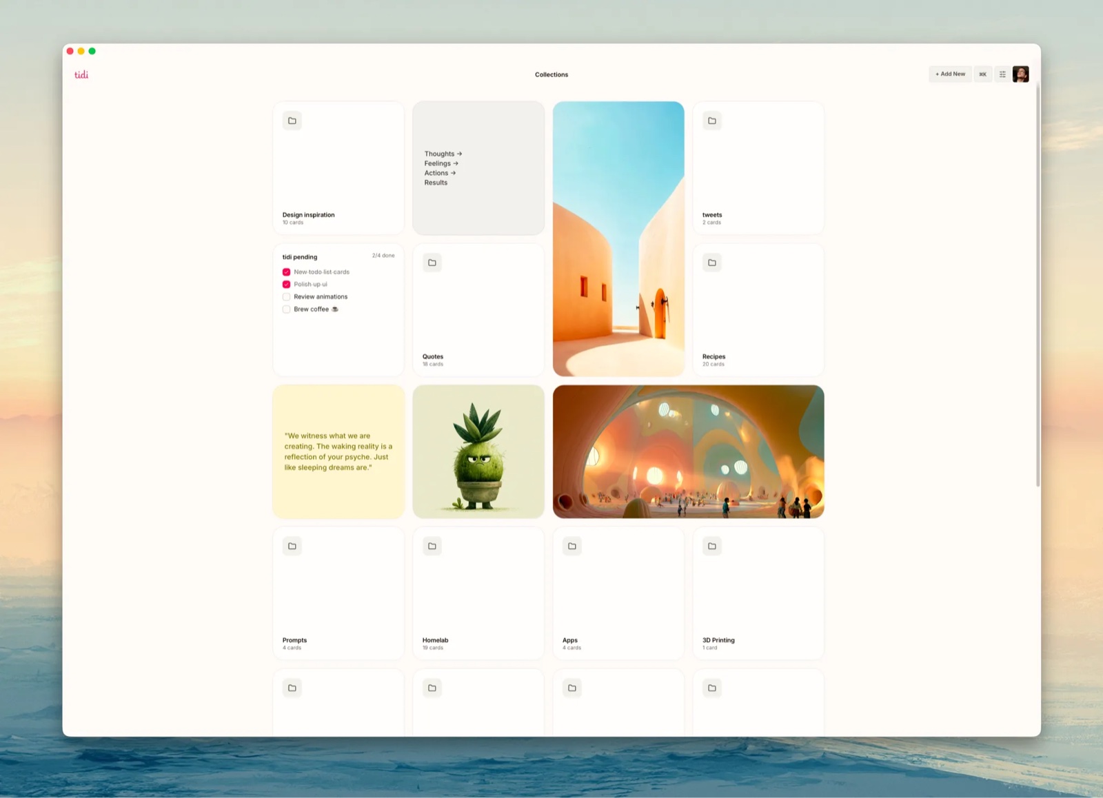 The tidi app window over a painted landscape: folder cards, a todo list, a yellow quote sticky, and saved images on a warm paper background